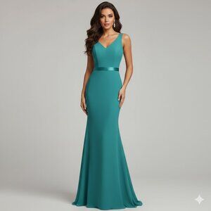 Chiffon Teal Sleeveless Formal Gown